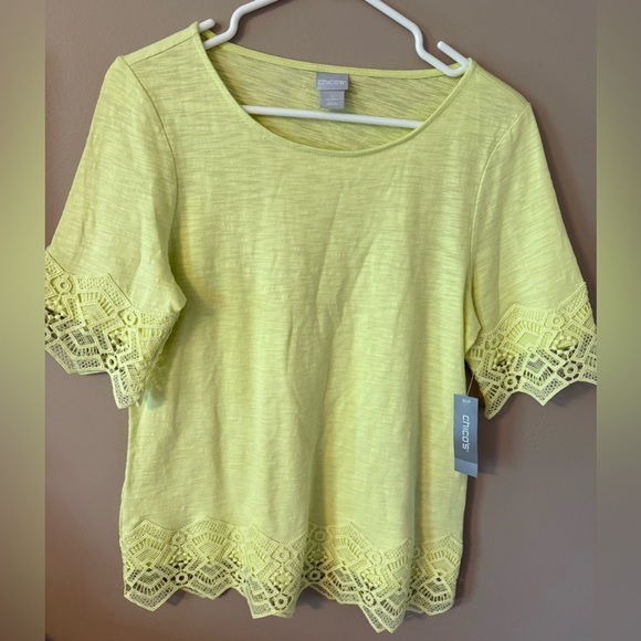 Chicos lace trim cotton slub tee soft lime size 0 nwt - Picture 2 of 5